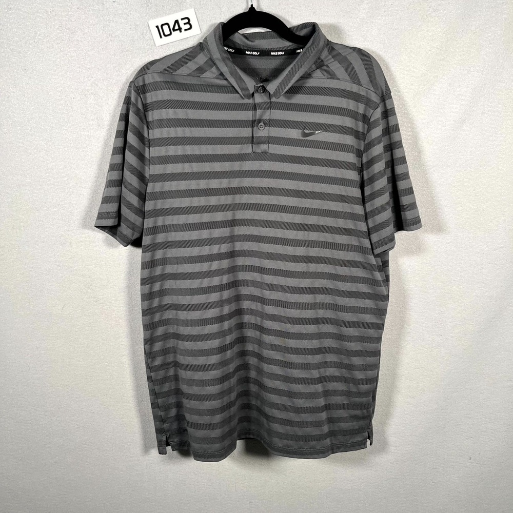 Nike Golf Polo Shirt Mens Medium Gray Black Striped Dri Fit Tennis Performance